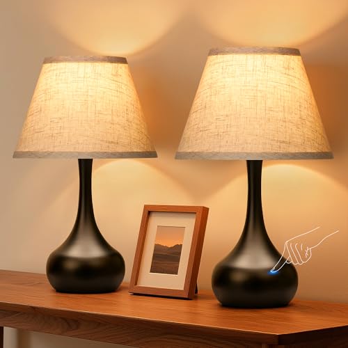 Touch Table Lamp for Bedroom Set of 2, 3-Way Dimmable Bedside Lamp for Nightstand, 17” Farmhouse Metal Desk Lamp with Linen Shade for Living Room, Kids Reading, Dorm, Home Office Decor, Bulb Included