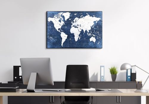 Image of Large World Map Wall Art Office Wall Decor Retro Blue World Maps for Living Room Decorations, Vintage Modern Map of World Poster Canvas Prints Painting Men Bedroom Artwork Framed Home Decor 24x36 inch