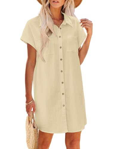 Image of Zeagoo Summer Dresses for Women 2026 Cotton Button Down Short Sleeve Tshirt Dresses Casual Mini Beach Dress