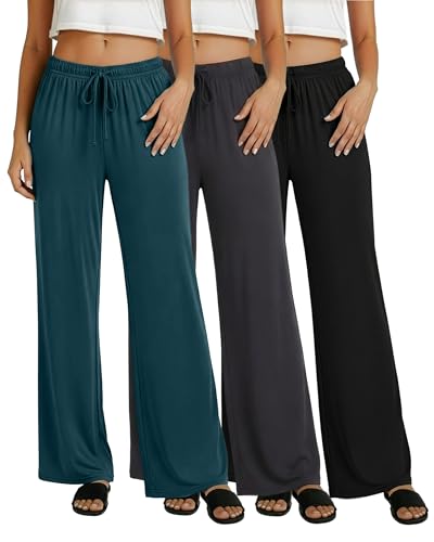 Image of Real Essentials 3 Pack: Women's Soft Palazzo Pants - Wide Leg Yoga Casual Loungewear Pajama Pj Bottoms (Plus Available)