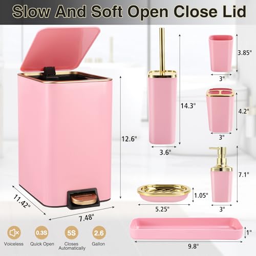 XLHOMO Pink Bathroom Accessories Set 8 Piece Pink and Gold Bathroom Set, Bathroom Sets with Stainless Steel Trash Can,Toilet Brush,Toothbrush Set,Soap Dispenser by XLHOMO - Image 6