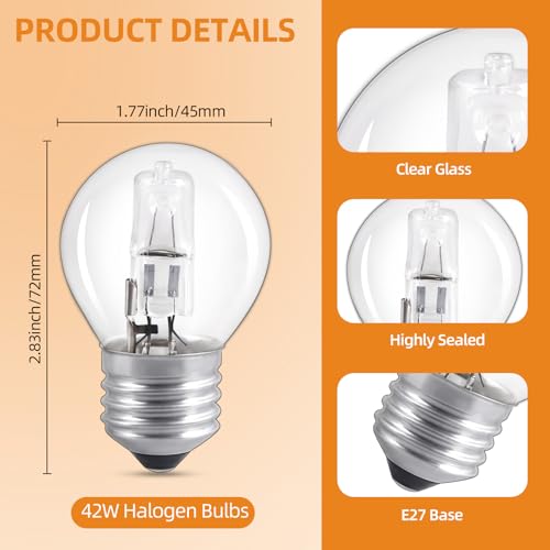 Morotty ES E27 Golf Ball Bulbs Dimmable Warm White 2700K, G45 Classic Clear Mini Globe E27 Edison Screw Light Bulb, 570LM AC 220-240V, G45 Decorative Light Bulb for Ceiling Fans Chandelier, 5 Pack - Image 2