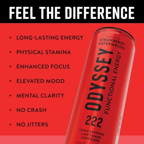 Image of Odyssey Functional Energy Drink, Strawberry Watermelon, 222mg Green Tea Caffeine, Clean Energy & Focus, Low Calorie, No Added Sugar, No Crash, Lion's Mane & Cordyceps, 12 Pack 12 Fl Oz