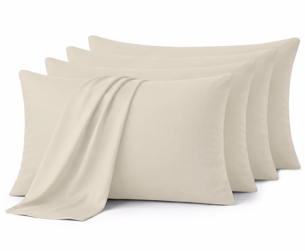 Aspire Homeware Cream Pillow Cases 4 Pack – 100% Brushed Microfiber Premium Pillowcases Super Soft Envelope Closure Pillow Cover (50x75cm)