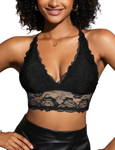 Image of SHEKINI Bralettes for Women Wireless Lace Bra Racerback Corset Bra V Neck Longline Crop Top Adjustable Straps Plus Size Black
