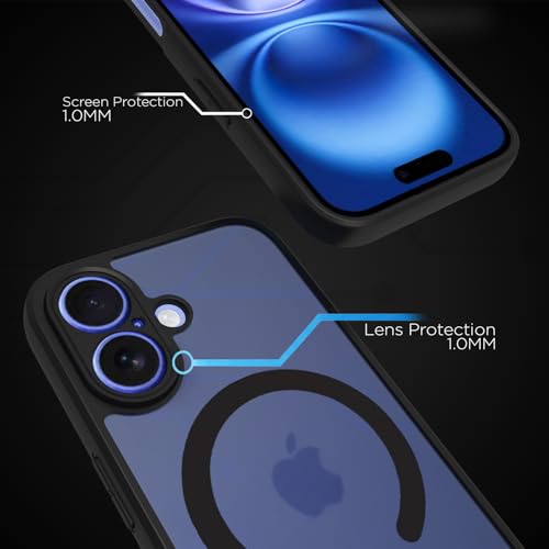 Image of RIGGEAR Shockproof Sleek Hybrid Armor Upgraded C-Shaped Magnetic Back Cover Case Compatible with MagSafe Accessories for iPhone 16 (Smoke Black Matte PC + Black TPU Bumper)