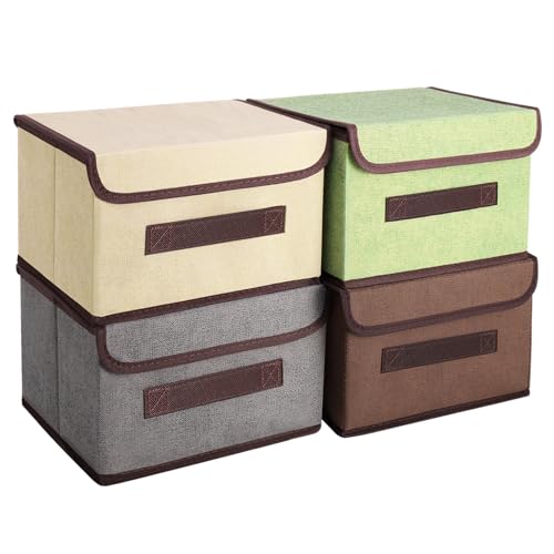 4 Pack Foldable Storage Boxes with Lids, Fabric Fabric Storage Boxes with Handles, Collapsible Storage Box for Clothes, Toys, Books, Closet, Bedroom, Home, 25*19*16cm(Beige, Coffee, Gray, Green)