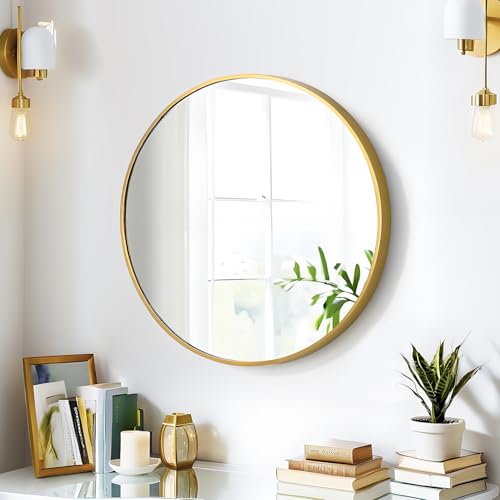 Image of FINEWF 20x20 Round Mirror Circle Wall Mounted Aluminum Alloy Metal Frame HD Glass Dressing Make-up for Bathroom Entryway Bedroom Living Room 20 inch Gold