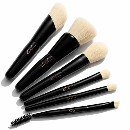 IN THE CLOUDS Travel Makeup Brush Set & Case: Short Handle Makeup Brushes Set 7 Midi Brush Types for Airbrushed Results with Foundation, Powder, Blush Contour, Eyeshadow, Eyeliner Brow, Spoolie Brush