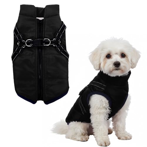 Dog Winter Coat with Harness Winter Jacket for Small Dogs Reflective Cold Weather Coats Warm Pet Vest Waterproof Snowsuit (Black, Small)