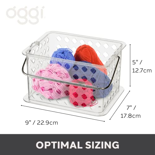 image for OGGI Clear Stacking Storage Basket with Handle - Plastic Caddy with Ha