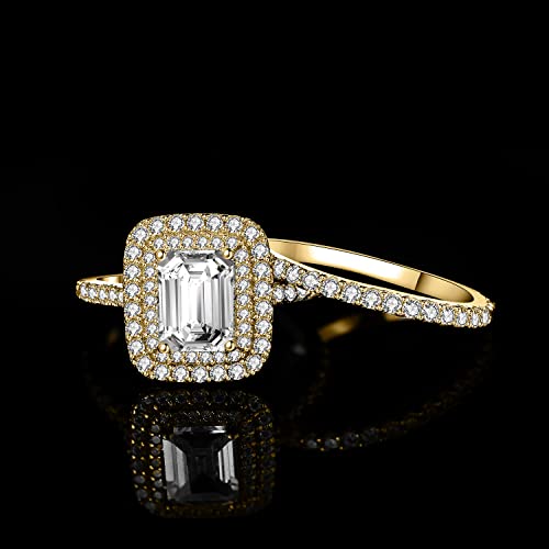 JewelryPalace Classic 1.6ct Cubic Zirconia Double Halo Engagement Rings for Women, Emerald Cut 925 Sterling Silver 14K Gold Promise Ring for Her, Simulated Diamond Anniversary Wedding Band Bridal Set3