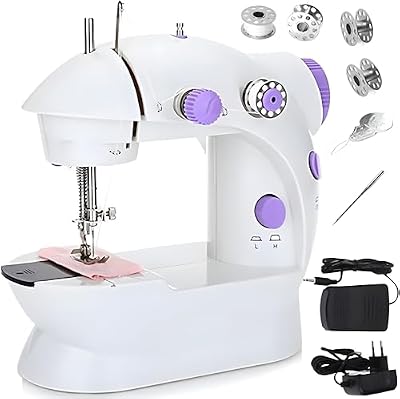 Retoo 230V Elektrische Mini-Nähmaschine mit 2 Geschwindigkeiten und Fußpedal, Automatisches Nähset mit 2 Garnspulen, 2 leeren Spulen und Nadel, Automatisches tragbares Nähset, Weiß
