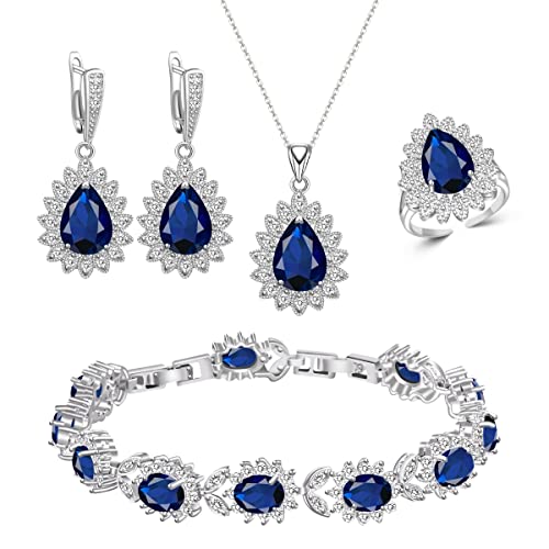 Zcgjwe Royal Blue Sapphire Jewelry Set For Women Girl,Nobile Navy Blue Birthstone Stone Necklace Earrings Adjustable Ring Bracelet Set Accessories For Women Jewelry Set Luxurious Gift For Mom /Wife/Girlfriend/Best Friend/Ladies ,Silver-Tone #TOP19