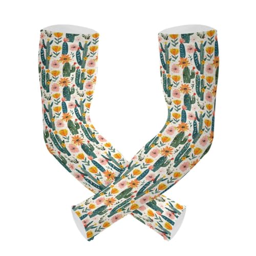 ALAZA Floral Cactus Blossom Flower Color Gardening Sleeves Cooling Arm Sleeves Sun Protection Thumb Hole Arm Covers for Women Men