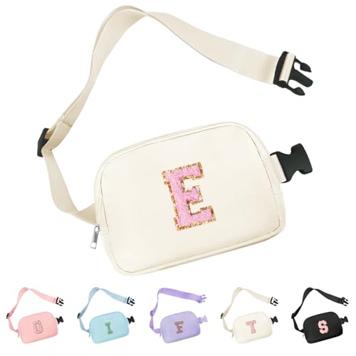 Aganmi Chenille Letter Crossbody Bags for Women Trendy, Waterproof Fanny Packs for Women Cross Body, Initial Letter Belt Bag with Multiple Inner Pockets and Adjustable Strap,E