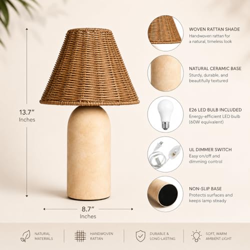 14" Small Mini Wicker Table Lamp – Handmade Ceramic Base with Rattan Shade, Dimmable Nightstand or Accent Light for Nursey, Kitchen Counter, Small Spaces, Bookshelf, Nightstand – Boho Decor by ora bamboo - Used condition - Image 5