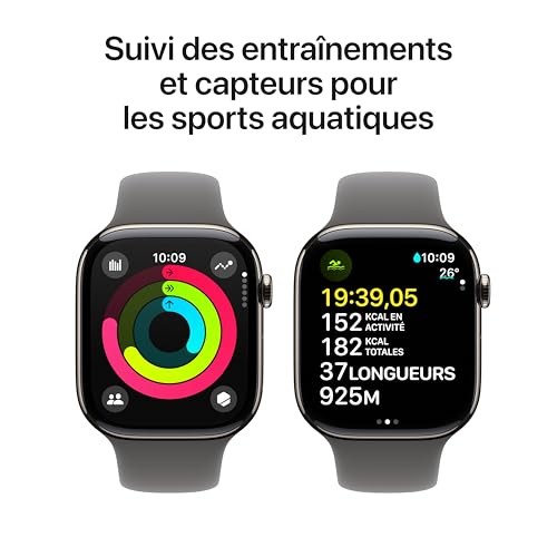 Apple Watch Series 10 (46 mm GPS + Cellular) Montre connectée avec Boîtier en Titane Naturel et Bracelet Sport Gris minéral (S/M). Suivi de l’activité Physique, app ECG, écran Retina Toujours activé