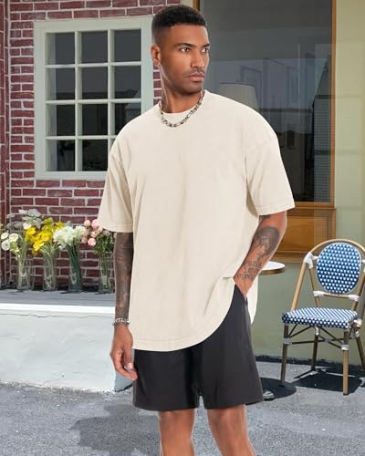 Oversized Tshirts for Men Short Sleeve Vintage Washed Basic Loose Tees, Pure Beige, L - Image 7