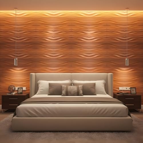 Image of Kayra Decor 3D PVC Wall Panels - Wave Design, Walnt Wood Color 19.7 inch x 19.7 inch (Pack of 40) | Covers 107.60 Sq. Ft. |