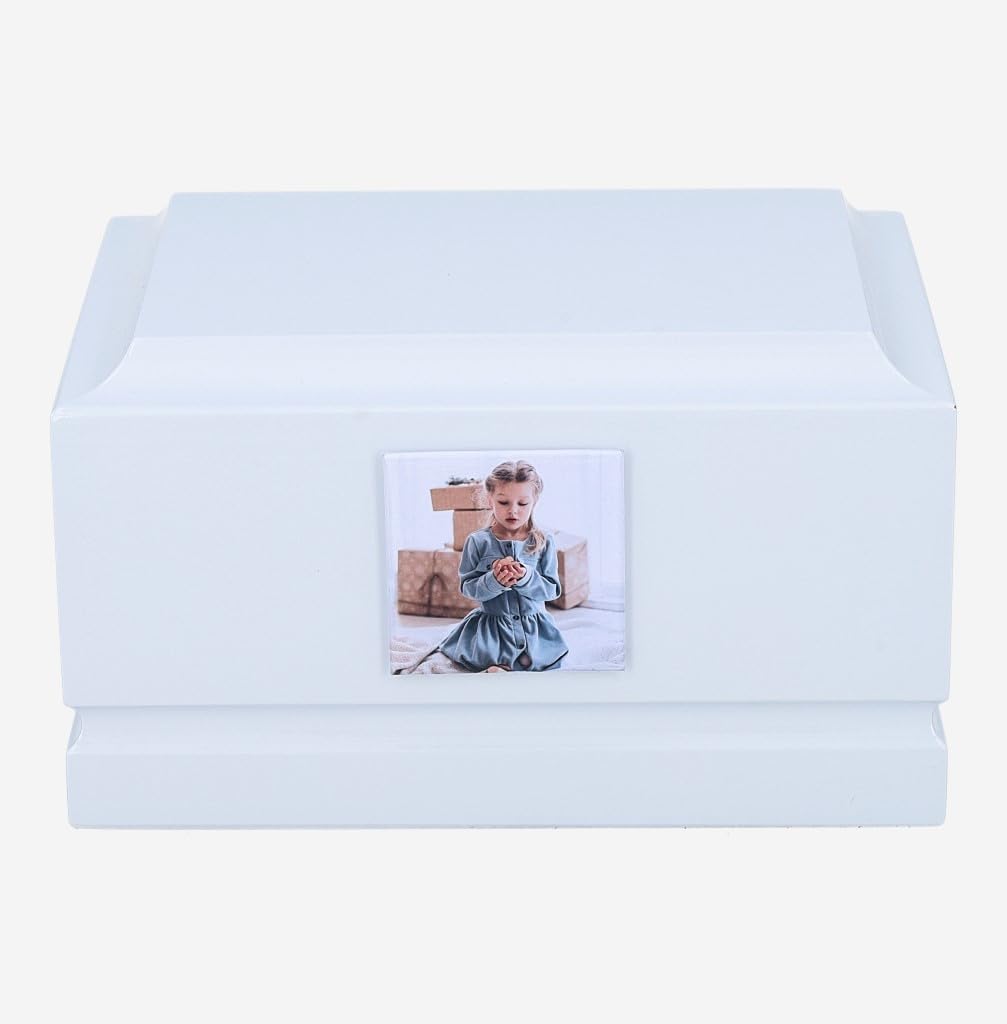 Weiße hölzerne Kinderurne mit Foto – personalisierte Erinnerungsbox für Babyasche, individuelle Plakette Option (Farbe)