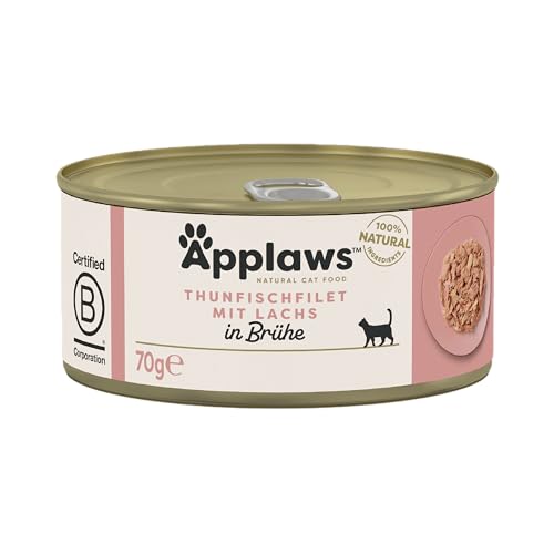 Applaws 100% natürliches Premium-Nassfutter für Katzen, Hühnerbrust und Thunfischfilet mit Lachs in Brühe - Packung mit 24 x 70g Dosen