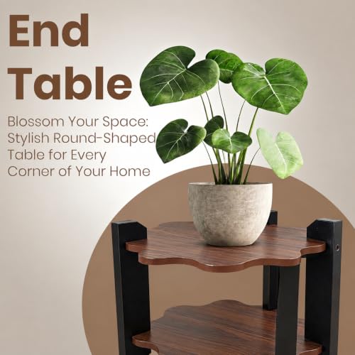 Image of Modern Round Side Table, Home Decor for Living Room, Bed Side Tables for Bed Room, stools for Home, Furniture for Home, 2-Tier White Shelves, 30 x 30 x 40 cm (Flower Brown Top)