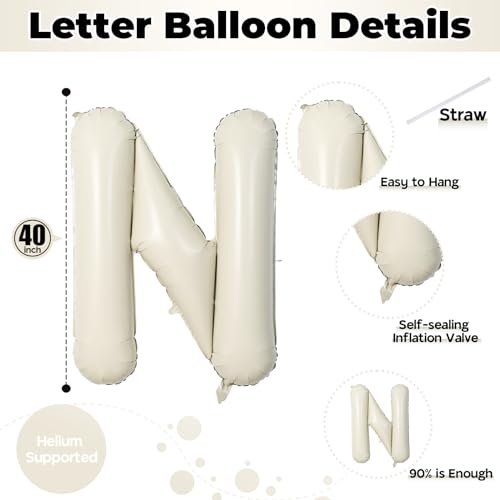 Image of 40 Inch Beige One Balloons for 1st Birthday, Cream White Sand One Balloon Letters with Ribbon, Neutral Ivory Alphabet One Balloon for Boys Girls First Birthday 1 Year Old Baby Shower Party Decorations