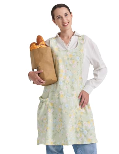 Image of Cozy Adjustable Cross Back Aprons for Women with Pockets Cotton Linen Cooking Kitchen Baking