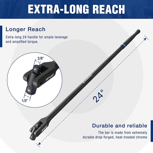 Image of WORKPRO 24-inch Dual Drive Breaker Bar, 3 /8 inch & 1 /2 inch Drive, Heavy Duty Breaker Bars with 360 Flex Head, Spring-loaded Detent Ball, CR-MO Head, Premium Chrome Vanadium Steel with Black Phosphate Finish