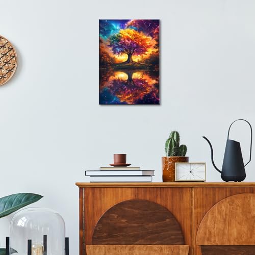 Wooden Framed Canvas Wall Art Colorful Tree Painting on Canvas Prints Poster Cosmic Tree Of Life Astral Sunset Dreamscape Pictures for Living Room Bedroom Dinning Room Corridor Wall Decor 30x40cm - Image 2