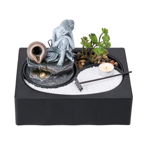BTGGG Indoor Water Fountain Sleeping Buddha with LED Light Candle, Indoor Water Feature with Decorating Sands Plants, Meditation Zen Buddha Fountain for Relaxing Home Decor, 3 Pin UK Plug Included