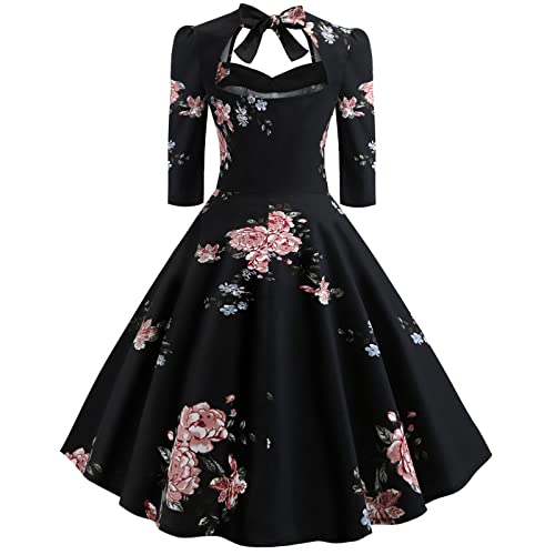 Womens 50 Retro Vintage Square Neck Dress 3/4 Sleeve Cutout Back Rockabilly Swing Cocktail Prom Dress Black Floral Xxl #TOP2