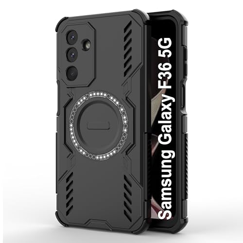 Image of amazon basics Back Case Cover for Samsung Galaxy F36 5G | Magnetic Case with Built-in Metal Ring | Supports Mag-Safe Charger, Wallet & Car Mount | Shockproof Hybrid PC + TPU | Black