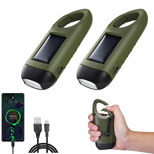 2 Stück Handkurbel Wiederaufladbare Taschenlampe Solar LED Taschenlampe mit Wandern Schnalle Dynamo Taschenlampe mit Powerbank Taschenlampe USB Aufladbar für Camping Wandern Ausfälle Notfälle Cover