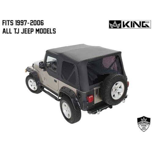King 4WD Premium Replacement Soft Top with Clear Upper Doors - Black Diamond Top with 31% Tinted Side and Rear Windows - Suitable for Jeep Wrangler TJ 1997-2006 - Thumbnail 2
