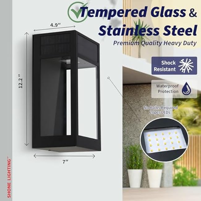 Solar Patio Wall Light, Elegant Porch Sconce LED, Tempered Glass & Stainless-Steel Lantern, Waterproof Outdoor Lamp Anti-Glare for Garage, Front Door Entry, Barn, Yard, Warm White, 2Pk