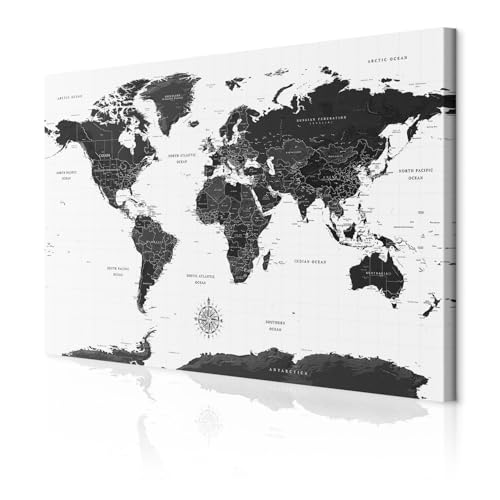 decomonkey Bilder Weltkarte 90x60 cm 1 Teilig Leinwandbilder Bild auf Leinwand Vlies Wandbild Kunstdruck Wanddeko Wand Wohnzimmer Wanddekoration Deko Landkarte Kontinente schwarz weiß