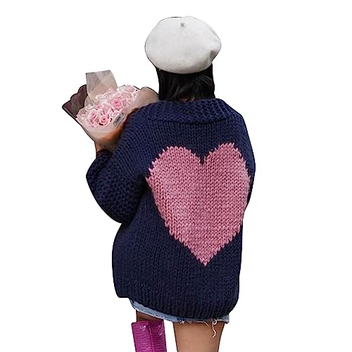 CHICWISH Women's Navy Key to My Heart Hand Knit Chunky Cardigan at
