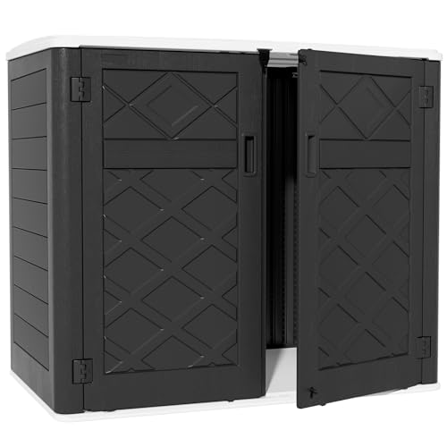 Image of ZZM Large Outdoor Storage Shed, 48 Cu Ft Resin Versatile Storage Cabinet for Patio Accessories, Trash Cans & Garden Tools, Durable Horizontal Storage Box with Lockable Lid (Black)
