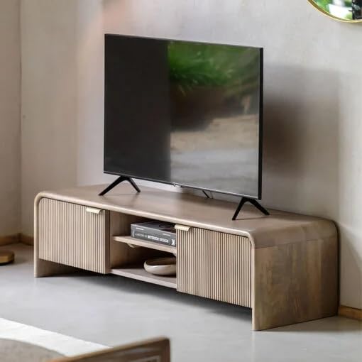 Levon Artson Solid Wood TV Unit Handcrafted Wooden Entertainment Center with 2 Storage Drawers & Open Shelf Modern Rustic TV Stand for Living Room Natural Oak Finish-image-4