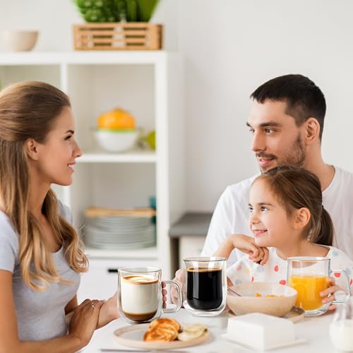 Double Walled Glass Coffee Mugs 16 OZ, Borosilicate Glass Coffee Cups Set of 4 with Spoons, Insulated Clear Coffee Mug for Hot Beverages, Cappuccino, Latte, Tea Bag.