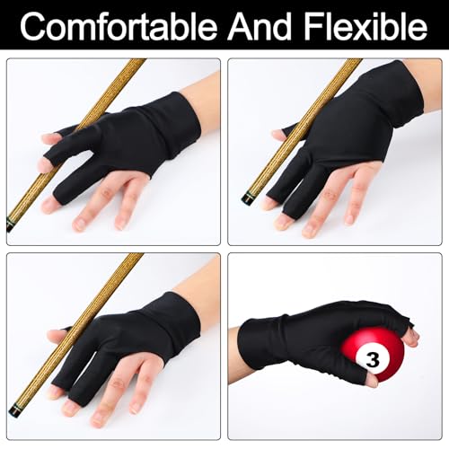 Civaner 8 Pcs Left Hand 3-Finger Billiard Pool Gloves for Men & Women Smooth Cue Stroke, Snooker & Carom Sports Popular Sizes Accessories for Team Club(Black)