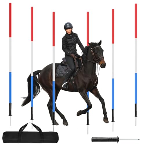 Aqwxc 6 Pcs Pole Bending Poles for Horses with Bag, 6FT Horse Training Agility Poles Adjustable Training Equipment for Dog, Red White Blue with Metal Spring Ground Nail ﻿