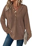 Dimur Womens Fall Hoodies Sweater V Neck Button Sweaters Drawstring Hooded Pullover Tops Cap Sleeve Tops for Women Chocolate Brown Fall Clothes