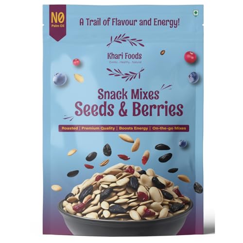 Image of Khari Foods Seeds Berries Snack Trail Mix, 6 in 1 Mix, Roasted Pumpkin, Sunflower, Watermelon Seeds, Cranberries, Black Raisins, Blueberries, Fibre & Protein Rich, No Palm Oil (400g)