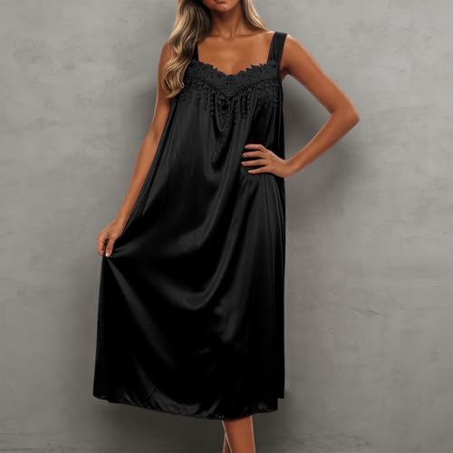 YMAMIYO Silk Nightgown For Women Midi Plus Size Sleeveless Lace Trim Sexy Sleepwear V Neck Wide Strap Loose Fit Lounge Dress Black - image 2