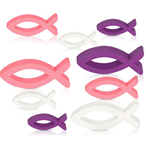 Juego de 9 peces decorativos de madera para bautizos, comuniones y bodas (blanco y rosa y morado) Cover