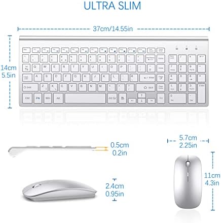 Wireless Keyboard and Mouse Ultra Slim Combo, TopMate 2.4G Silent Compact USB 2400DPI Mouse and Scissor Switch Keyboard Set with Cover, 2 AA and 2 AAA Batteries, for PC/Laptop/Windows/Mac-Silver White