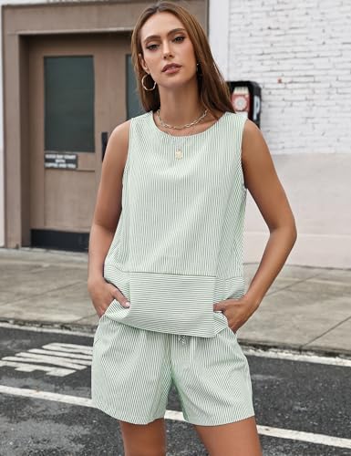 LOMON Women\'s Trendy 2 Piece Outfits Shorts Sets Summer Crew Neck Sleeveless Tank Top and Bottom Matching with Pockets 2026